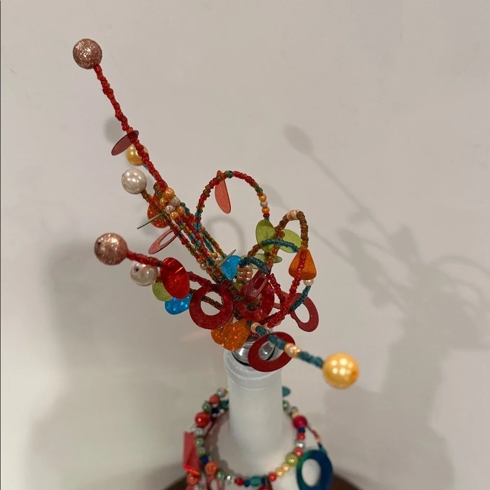 Decorative White Wine Bottle With Fireworks Beaded Stopper & Beads, Sequins Wrap